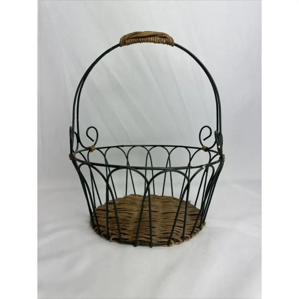Vintage Wire & Wicker French Country Handled Basket~Dark Green~Farmhouse